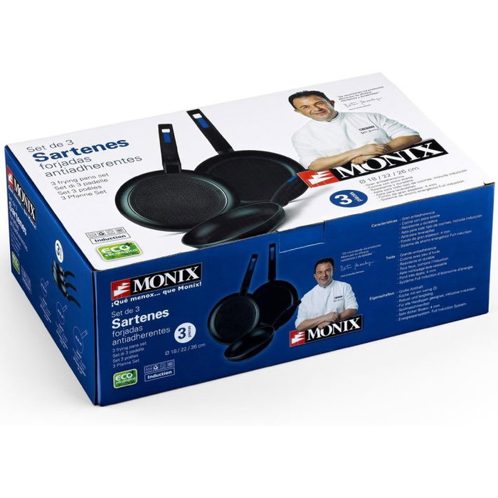 Monix Pack de 3 Sartenes Forjadas Antiadherentes - 18, 22, 26 cm - Aluminio Forjado, Mango de Baquelita, Para Todo Tipo de Encimeras